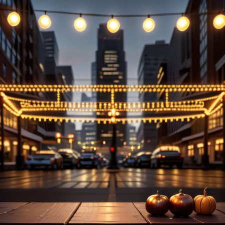 The empty wooden table top with blur background of business district andの素材