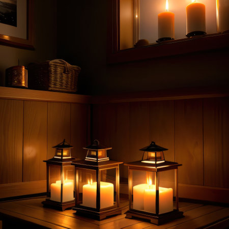 a warm and cozy living with lanterns and candles on the created withの素材