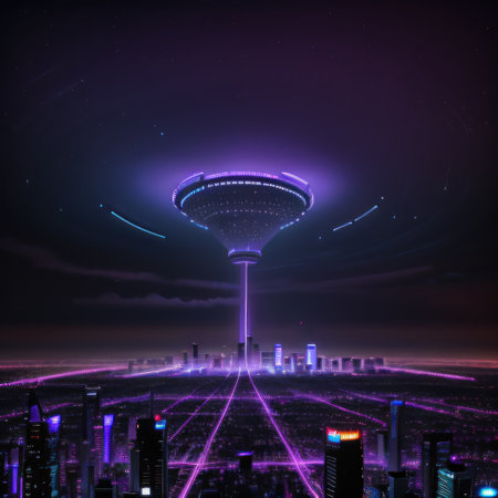 Neon glowing skyscrapers Purple metropolis with synthwave clouds andの素材