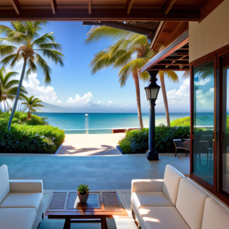 A patio with an ocean view and a plantの素材
