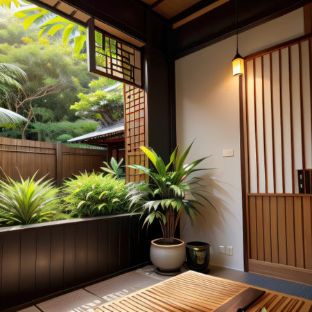 Creative composition of japandi dining room interior with black glass vaseの素材