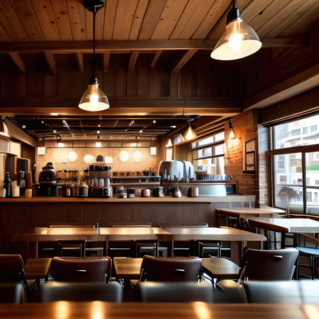 Blur coffee shop or cafe Blurred restaurant background with some and chefsの素材