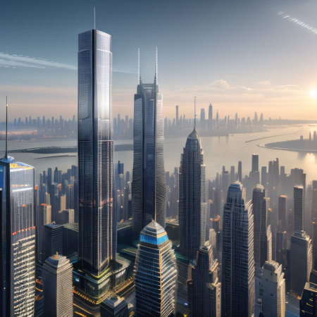 futuristic city with tall buildings and a stands in front of the futuristicの素材