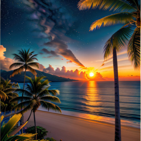 Airplane flying above palm trees in clear sunset sky with sun Concept ofの素材