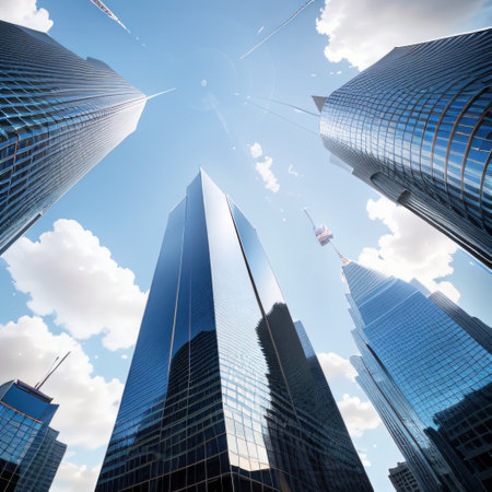 Low angle view of a contemporary glass skyscraper reflecting the blue skyの素材