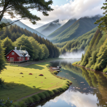 Red cottage near lake Stunning scenery of lake with misty mountainsの素材
