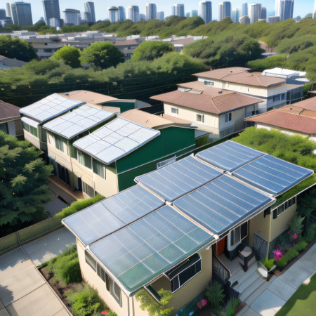 Sustainable Living Show a green suburban neighborhood with solar panels onの素材