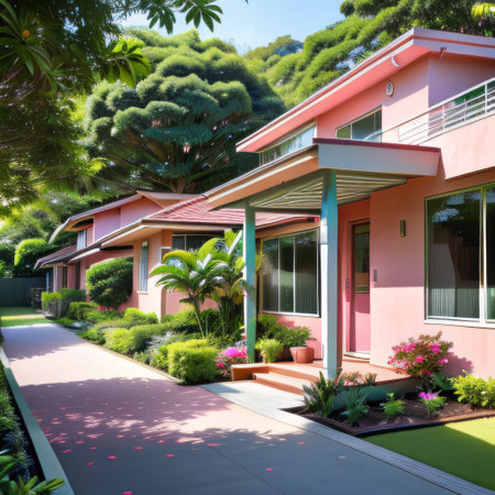 Photo of a modern pink house surrounded by lush greeneryの素材