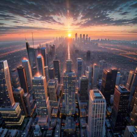City Sunrise Modern City Skyscrapers Panorama withの素材