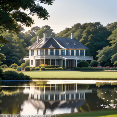 of a white house with a metal roof and a pond in a peaceful countrysideの素材