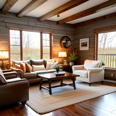 Interior of a beige living room decorated in a Scandinavian farmhouseの素材