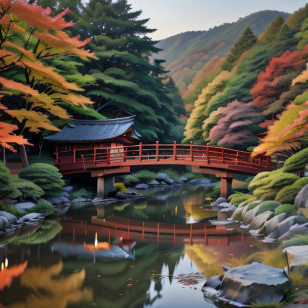 Zen Japanese garden in stone wooden Koi glowing red maple watercolorの素材