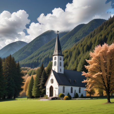 A small church in the middle of a field with a lonely treeの素材