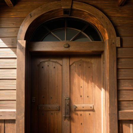 An charm captured in the weathered wooden doors of a traditional tellingの素材