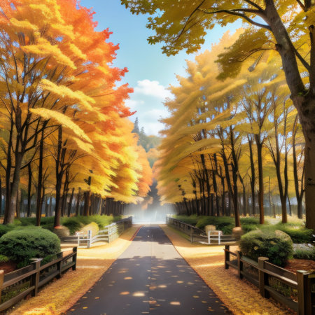 avenue with a canopy of colorful leaves overheadの素材