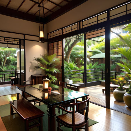 Creative composition of japandi dining room interior with black glass vaseの素材