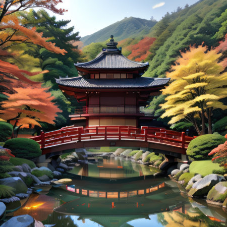 Zen Japanese garden in stone wooden Koi glowing red maple watercolorの素材