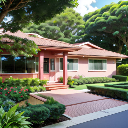 Photo of a modern pink house surrounded by lush greeneryの素材