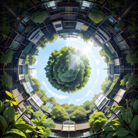 glass featuring sustainable building with green environment and treesの素材
