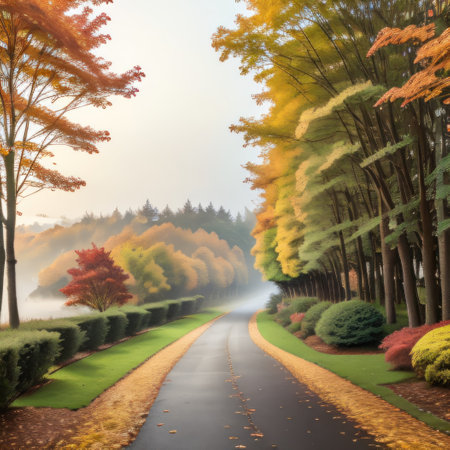 avenue with a canopy of colorful leaves overheadの素材