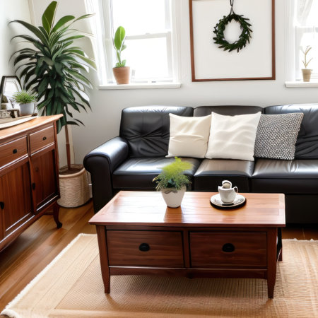 Interior design of a Scandinavian living room including a chic wooden mockの素材