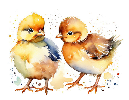 Chickens isolated on white background. Watercolor hand drawn illustrationの素材