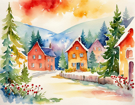 Watercolor winter landscape with houses and fir trees. Hand drawn illustrationの素材