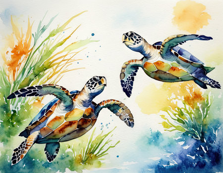 Watercolor illustration of a group of turtles swimming in the ocean.の素材