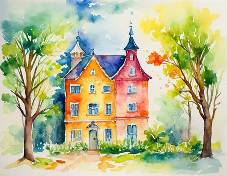 Watercolor illustration of a beautiful old house in the autumn park.の素材