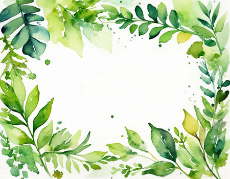 Watercolor green leaves frame on white background. Hand painted illustration.の素材