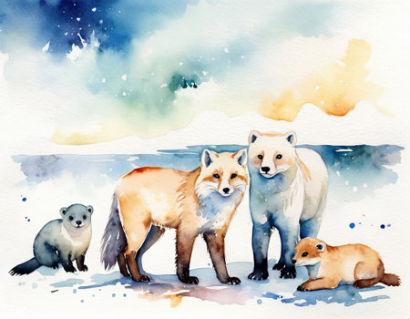 Watercolor illustration of a group of wild foxes in winter.の素材
