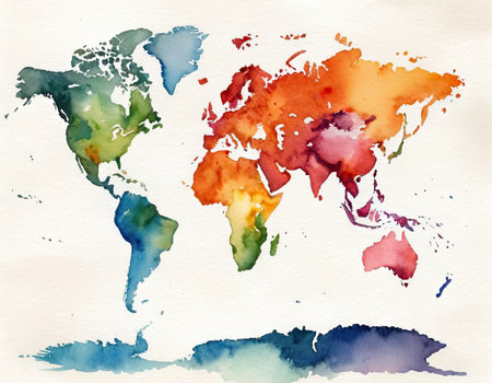 Watercolor world map. Hand drawn watercolor map of the world.の素材