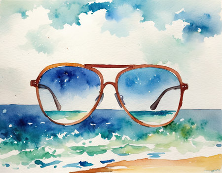 Hand drawn watercolor illustration of sunglasses on the beach. Summer background.の素材