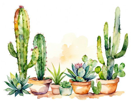 Watercolor cactuses and succulents in pots. Hand drawn illustrationの素材