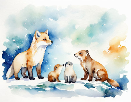 Watercolor illustration of a family of foxes in winter landscape.の素材