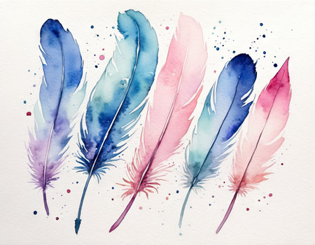 Watercolor feathers on white background. Hand drawn watercolor illustration.の素材