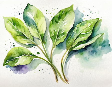 Watercolor illustration of green basil leaves. Hand drawn watercolor illustration.の素材