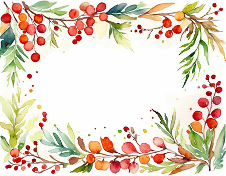 Watercolor Christmas wreath with rowan berries. Hand drawn illustration.の素材