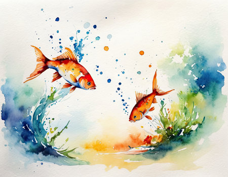 watercolor illustration of goldfish on a background of watercoloursの素材