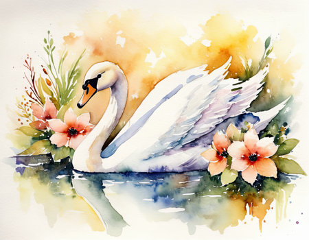 Watercolor illustration of a white swan with flowers on the waterの素材