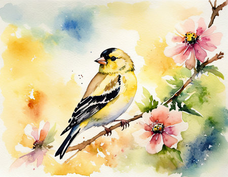Watercolor illustration of a goldfinch on a branch with flowersの素材