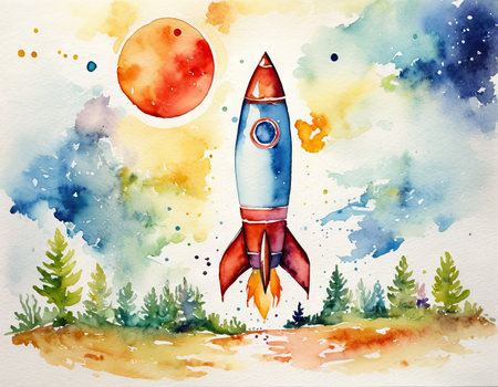 Watercolor rocket on the background of the moon and the forest.の素材