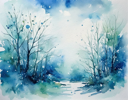 Watercolor winter landscape. Watercolor hand drawn illustration with trees.の素材