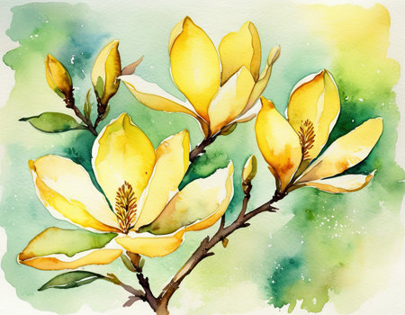 Watercolor illustration of yellow magnolia flowers. Hand drawn watercolor illustration.の素材