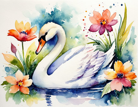 Watercolor illustration of a white swan on a lake with flowersの素材