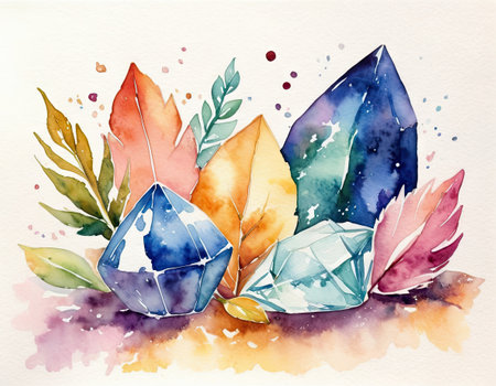 Watercolor illustration of a set of multicolored crystals with leavesの素材