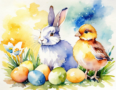 Easter bunny and chick with painted eggs. Watercolor illustration.の素材