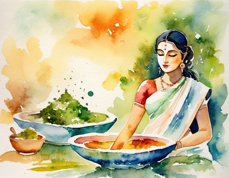Watercolor painting of Indian woman in saree and bowl of waterの素材