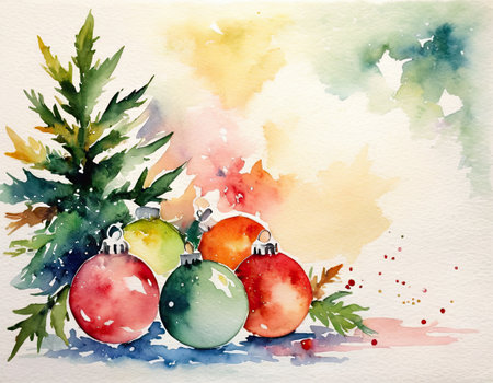 Christmas watercolor background with christmas balls. Watercolor illustration.の素材