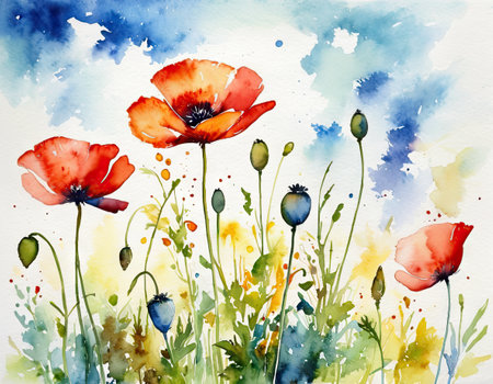 Watercolor red poppies and blue sky. Hand drawn illustrationの素材